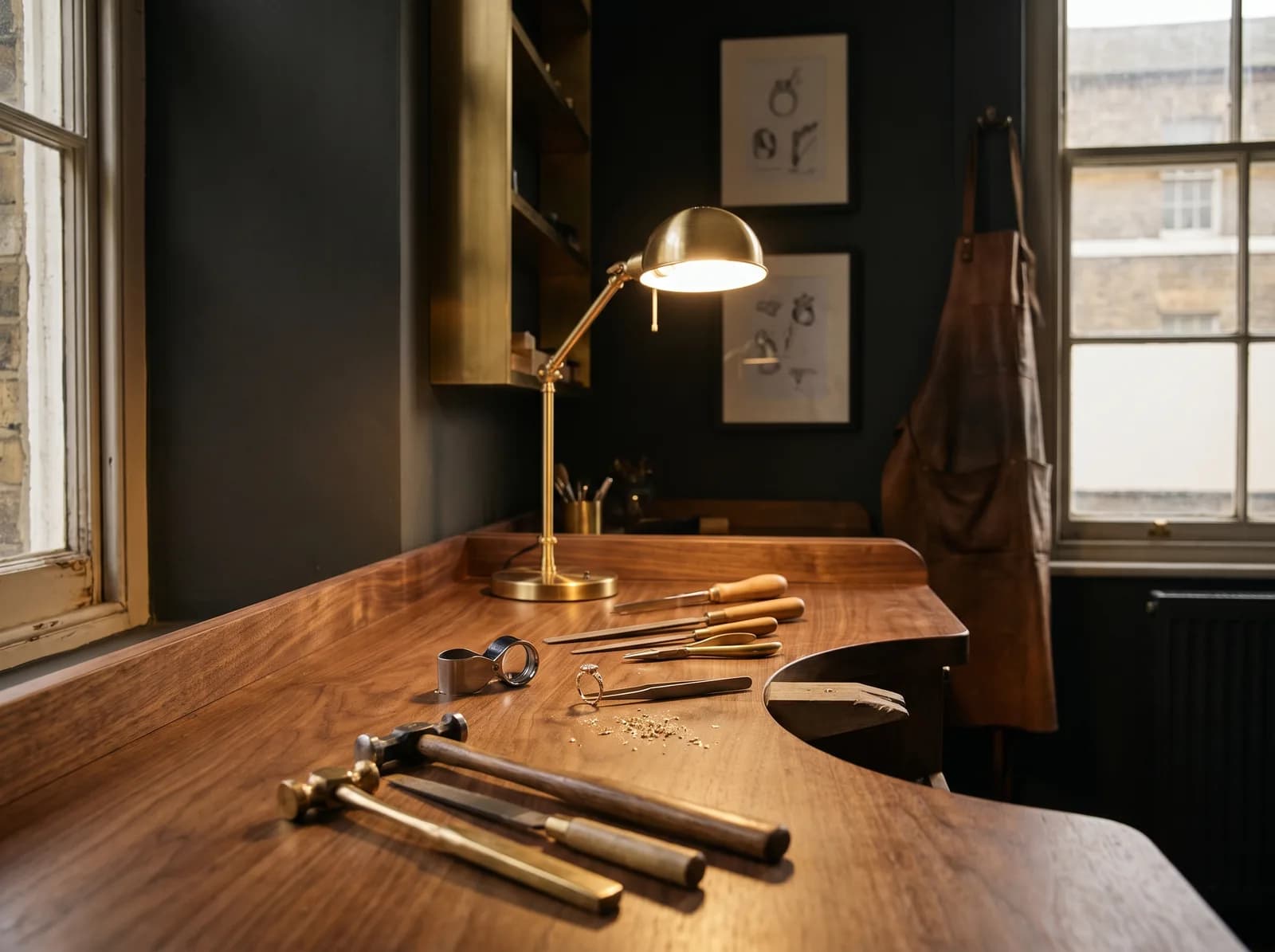 Jeweller's bench in the CloudJew atelier under warm light.