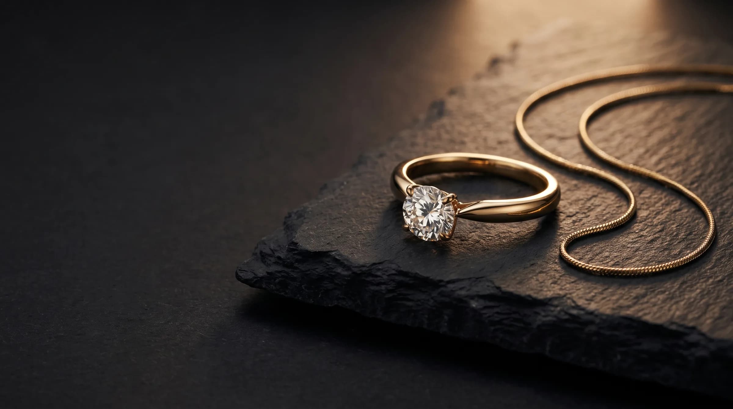 A yellow-gold solitaire ring and a fine gold chain resting on dark slate.