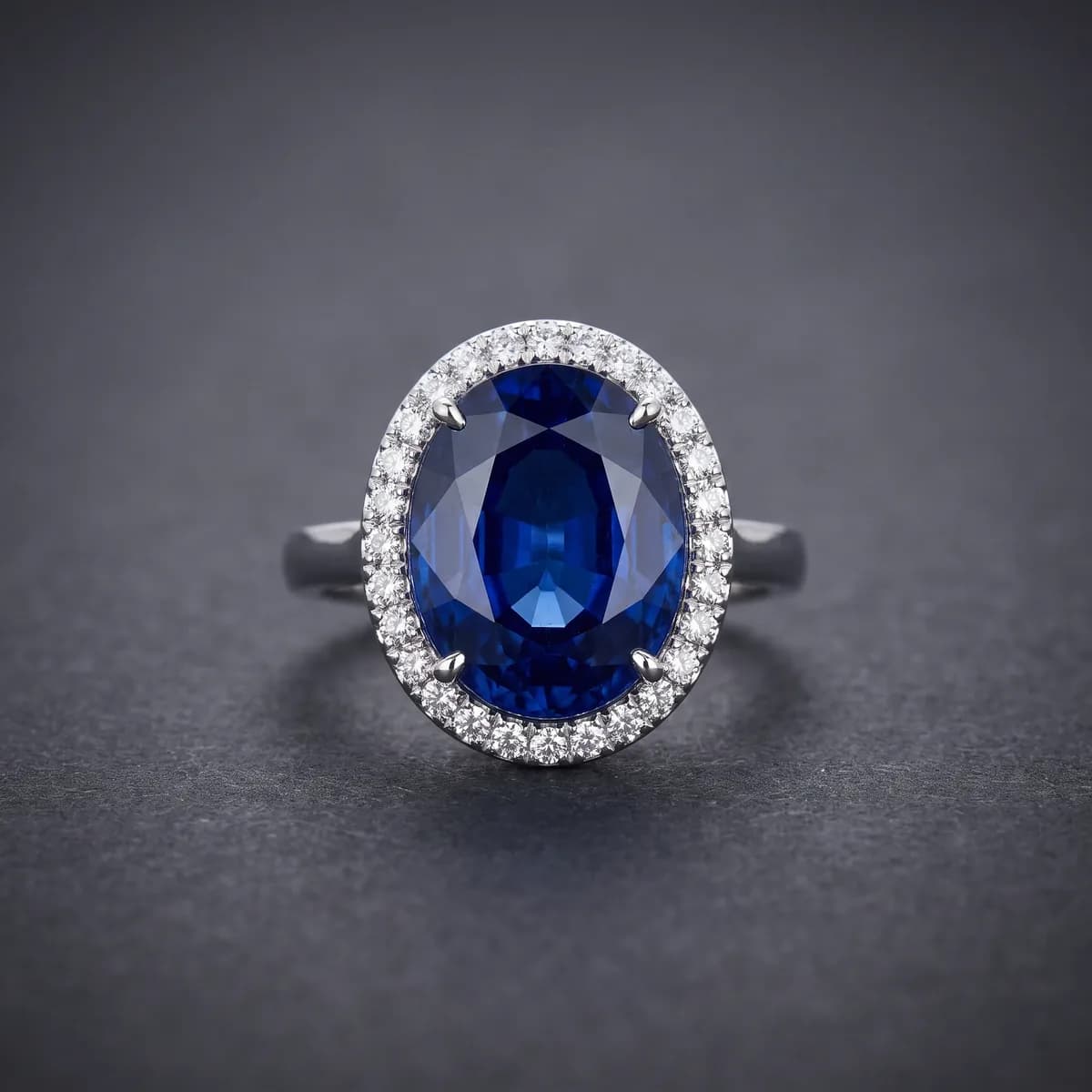 Selene Sapphire — Oval blue sapphire in a diamond surround, white gold.