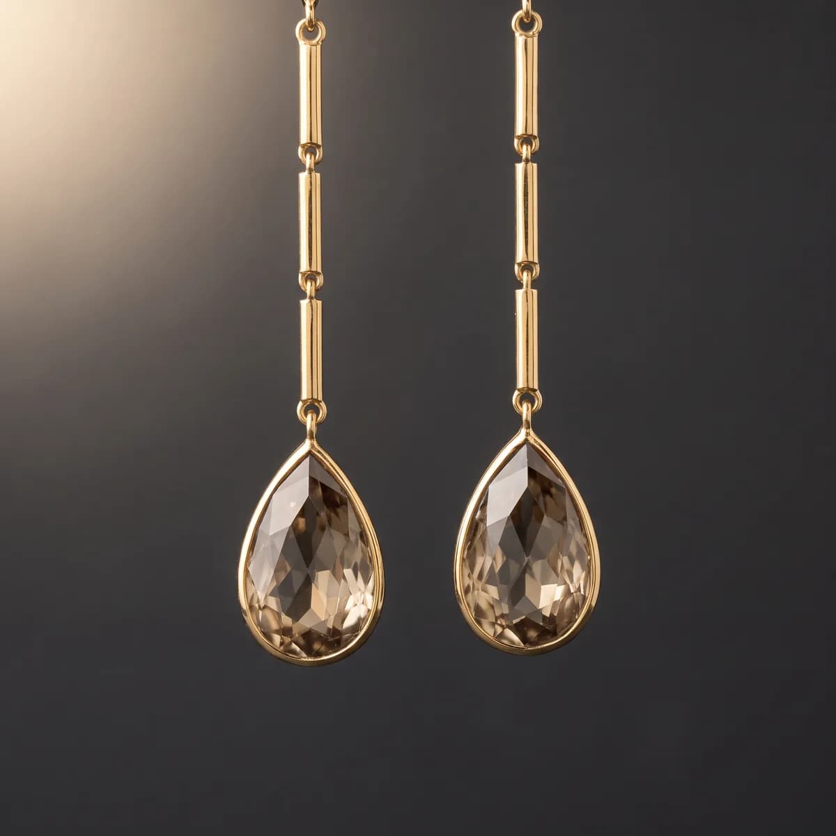Vesper Drops — Articulated bar drops with champagne quartz.